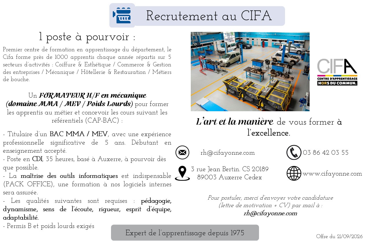 Un Formateur H/F en Mécanique (Domaines MMA, MEV, Poids lourds)